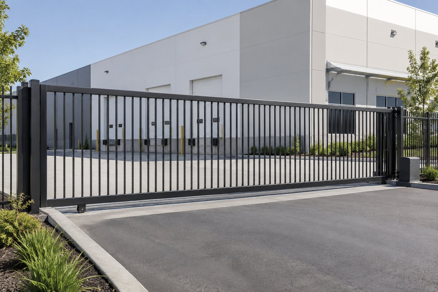 Commercial sliding security gate at a warehouse loading dock